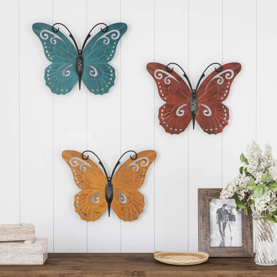 Butterfly Metal Wall Art 3 Piece Set Hand Painted 3D Decorative Cast Iron 14x11 Inches Image 1