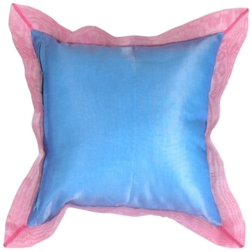 Pillow Decor Bohemian Blue Silk Throw Pillow 16x16 with Pink Fringe Accents Image 3