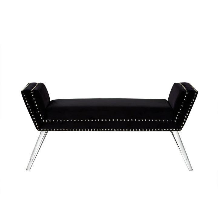 Dhyan Velvet Upholstered Bench-Modern Acrylic Legs-Nailhead Trim-Living-room, Entryway, Bedroom Image 7