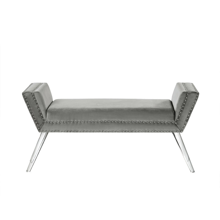 Dhyan Velvet Upholstered Bench-Modern Acrylic Legs-Nailhead Trim-Living-room, Entryway, Bedroom Image 8