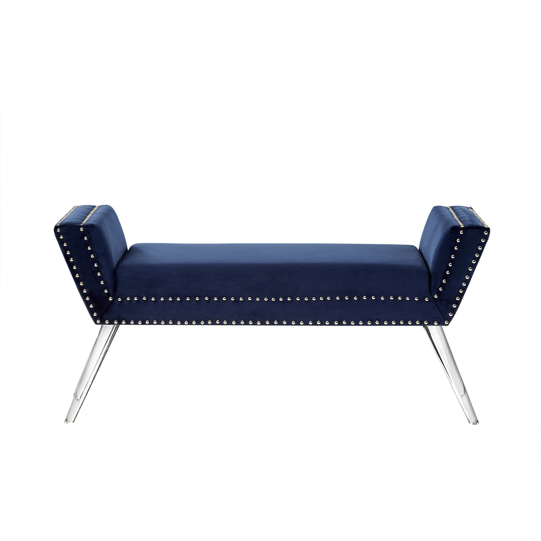 Dhyan Velvet Upholstered Bench-Modern Acrylic Legs-Nailhead Trim-Living-room, Entryway, Bedroom Image 9