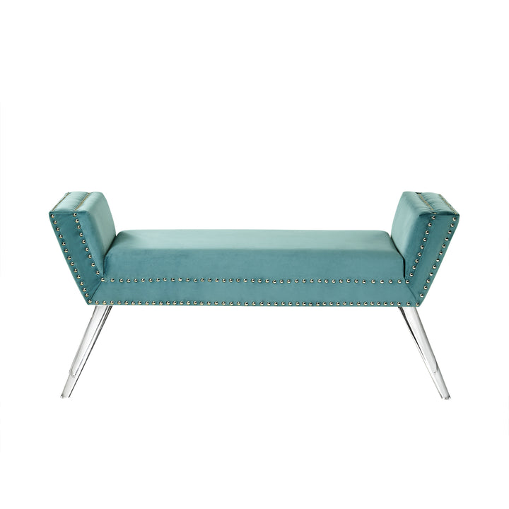 Dhyan Velvet Upholstered Bench-Modern Acrylic Legs-Nailhead Trim-Living-room, Entryway, Bedroom Image 10