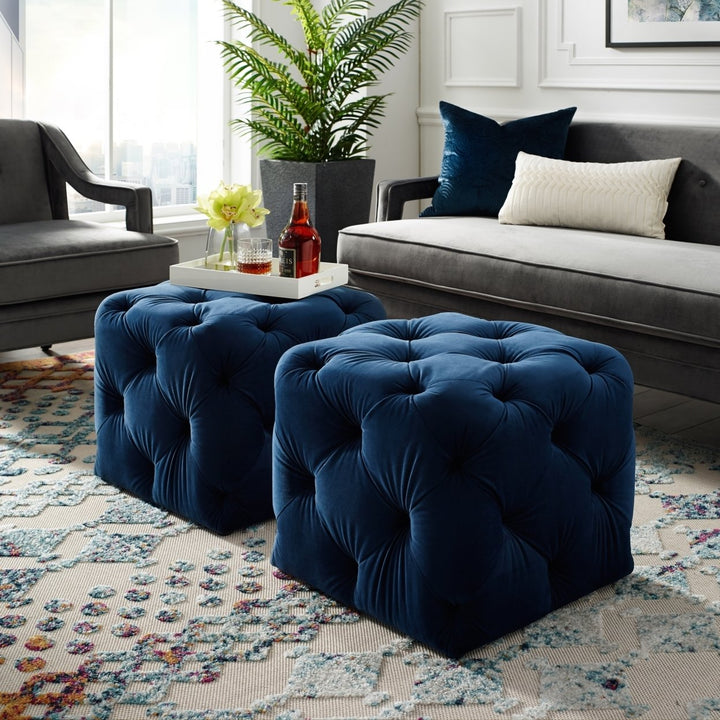 Inspired Home Square Ottoman Velvet or Linen Tufted 20x20 Blue Grey Cream Image 4