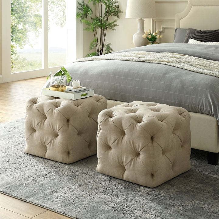 Inspired Home Square Ottoman Velvet or Linen Tufted 20x20 Blue Grey Cream Image 1