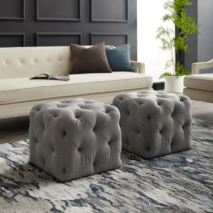 Inspired Home Square Ottoman Velvet or Linen Tufted 20x20 Blue Grey Cream Image 1