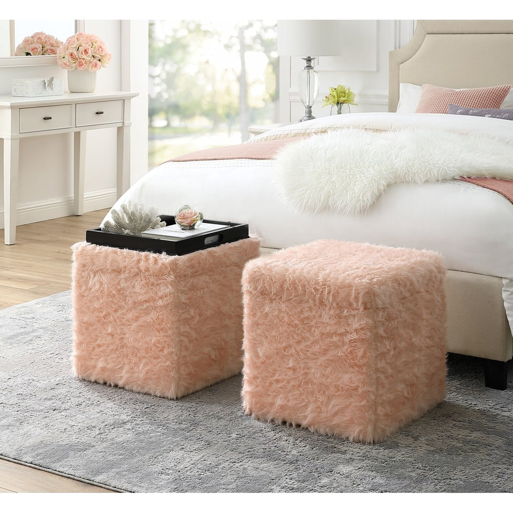 Inspired Home Faux faux Ottoman Storage Tray Cube 18x18 Modern Blush Pink Image 2