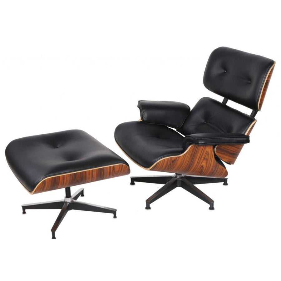 Mid Century Plywood Lounge Chair Lounge Chair and Ottoman Replica Italian Leather Black Palisander Image 1