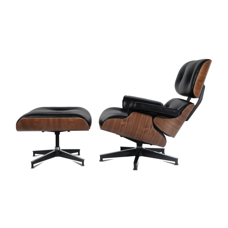 Mid Century Plywood Lounge Chair Lounge Chair and Ottoman Replica Italian Leather Black Walnut Image 2