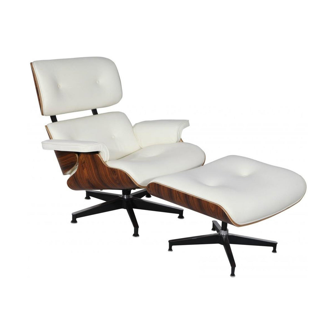 Mid Century Plywood Lounge Chair Lounge Chair and Ottoman Replica Italian Leather White Palisander Image 1