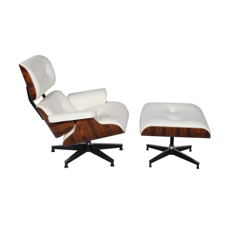 Mid Century Plywood Lounge Chair Lounge Chair and Ottoman Replica Italian Leather White Palisander Image 2