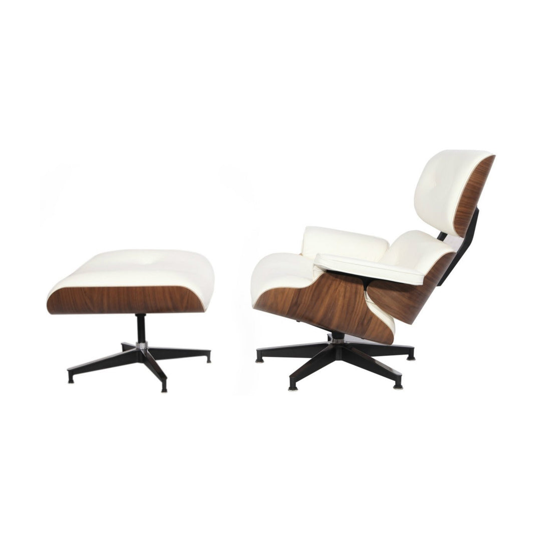 Mid Century Plywood Lounge Chair Lounge Chair and Ottoman Replica Italian Leather White Walnut Image 2