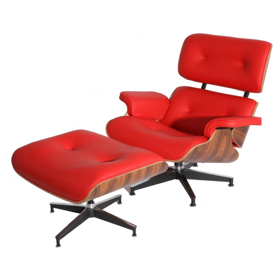 Mid Century Plywood Lounge Chair Lounge Chair and Ottoman Replica Italian Leather Red Palisander Image 1