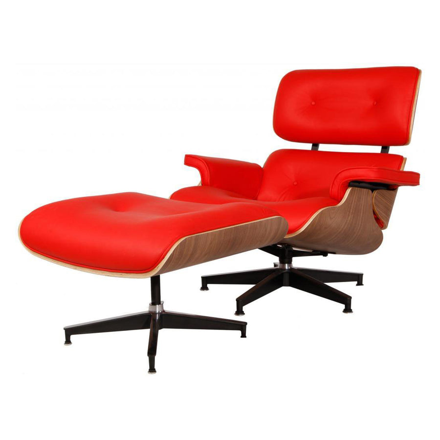 Mid Century Plywood Lounge Chair Lounge Chair and Ottoman Replica Italian Leather Red Walnut Image 1
