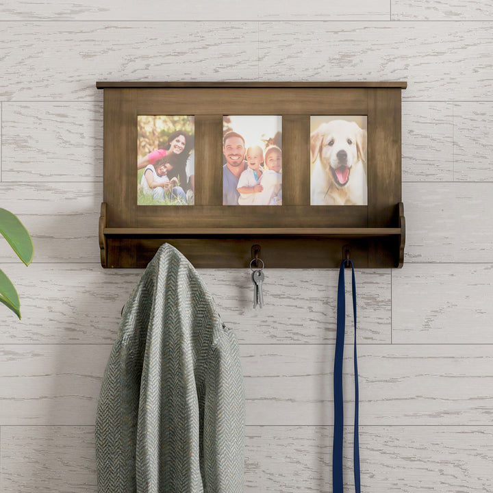 Wall Shelf and Picture Collage with Ledge and 3 Hanging Hooks- Photo Frame Decor Shelving with Rustic Wood Look, Holds 4 Image 2