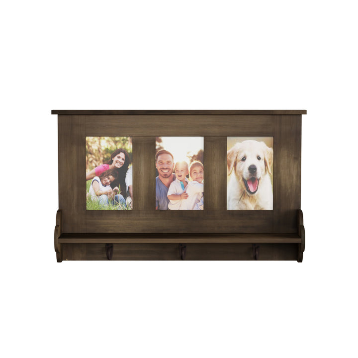 Wall Shelf and Picture Collage with Ledge and 3 Hanging Hooks- Photo Frame Decor Shelving with Rustic Wood Look, Holds 4 Image 3