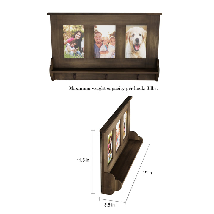 Wall Shelf and Picture Collage with Ledge and 3 Hanging Hooks- Photo Frame Decor Shelving with Rustic Wood Look, Holds 4 Image 4