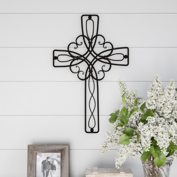 Metal Wall Cross with Decorative Floral Scroll Design- Rustic Handcrafted Religious Wall Art for Decor in Living Room, Image 1