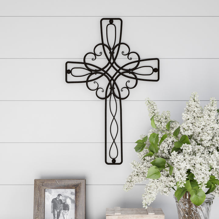 Metal Wall Cross with Decorative Floral Scroll Design- Rustic Handcrafted Religious Wall Art for Decor in Living Room, Image 2