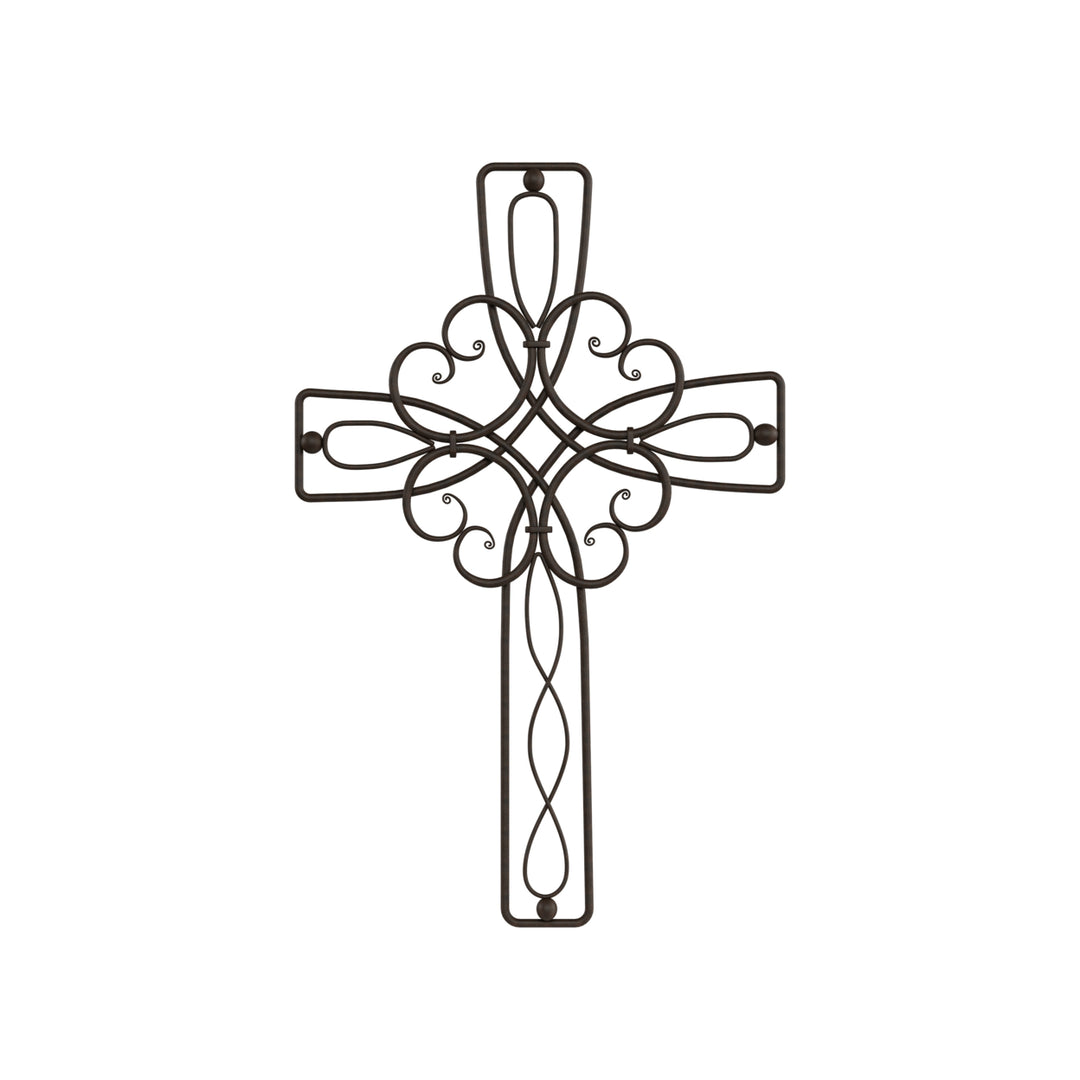 Metal Wall Cross with Decorative Floral Scroll Design- Rustic Handcrafted Religious Wall Art for Decor in Living Room, Image 3