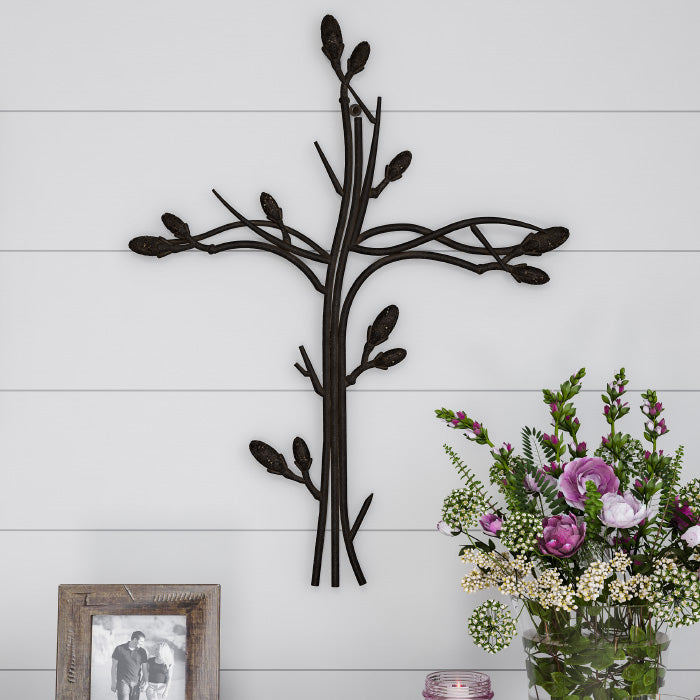 Metal Wall Cross with Decorative Intertwined Vine Design- Rustic Handcrafted Religious Art for Decor in Living Room, Image 1