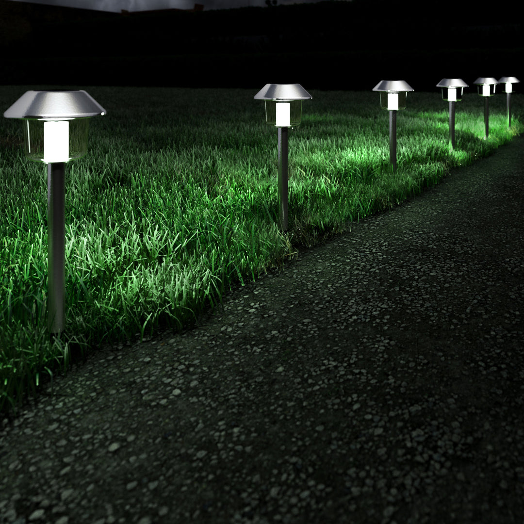 Solar Pathway Lights Set of 6 Stainless Steel Outdoor Garden Stake Lighting Image 2