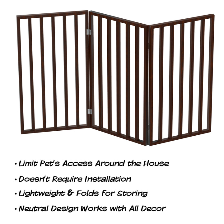 Wooden Pet Gate 3-Panel Freestanding Foldable Dog Barrier Dark Brown 54x32 Image 3