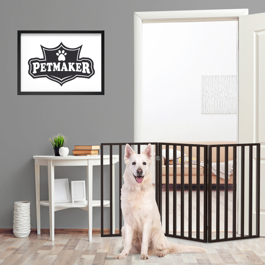 Wooden Pet Gate 3-Panel Freestanding Foldable Dog Barrier Dark Brown 54x32 Image 4