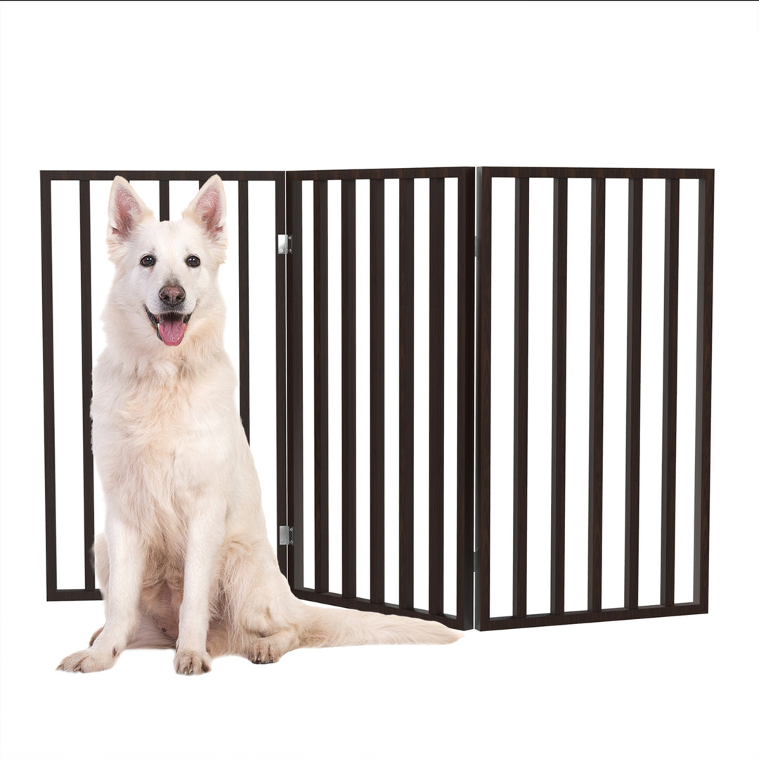 Wooden Pet Gate 3-Panel Freestanding Foldable Dog Barrier Dark Brown 54x32 Image 5