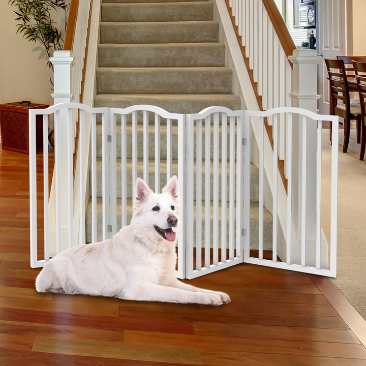 Wooden Pet Gate Tall Freestanding 4-Panel Barrier Fence Foldable White 72x32 Image 4