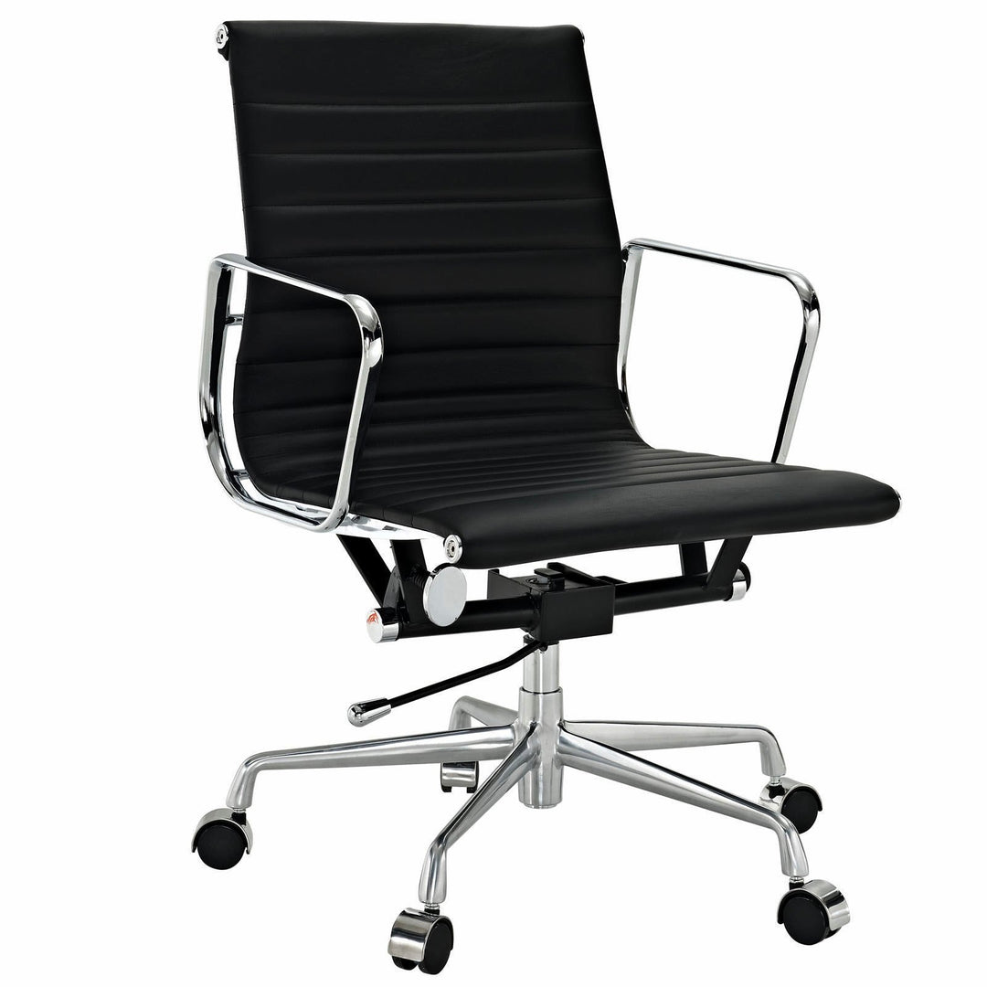 Modern Ribbed Mid Back Office Chair Black Italian Leather Image 1