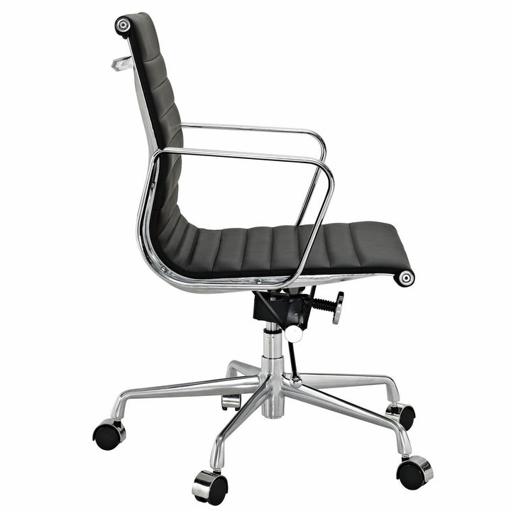 Modern Ribbed Mid Back Office Chair Black Italian Leather Image 2