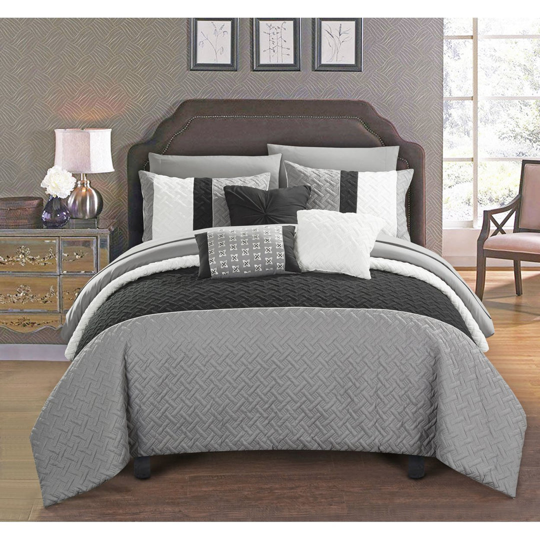 Chic Home Shaila 10 or 8 Piece Comforter Set Color Block Quilted Embroidered Design Bed in a Bag Bedding Image 3
