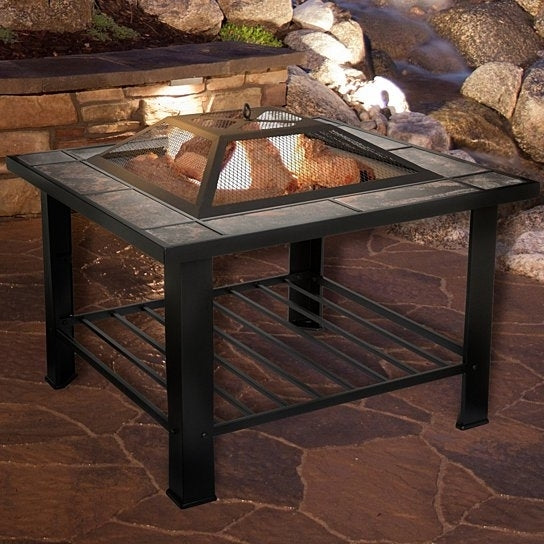Pure Garden 30 inch Square Fire Pit and Table with Cover - Black Image 1