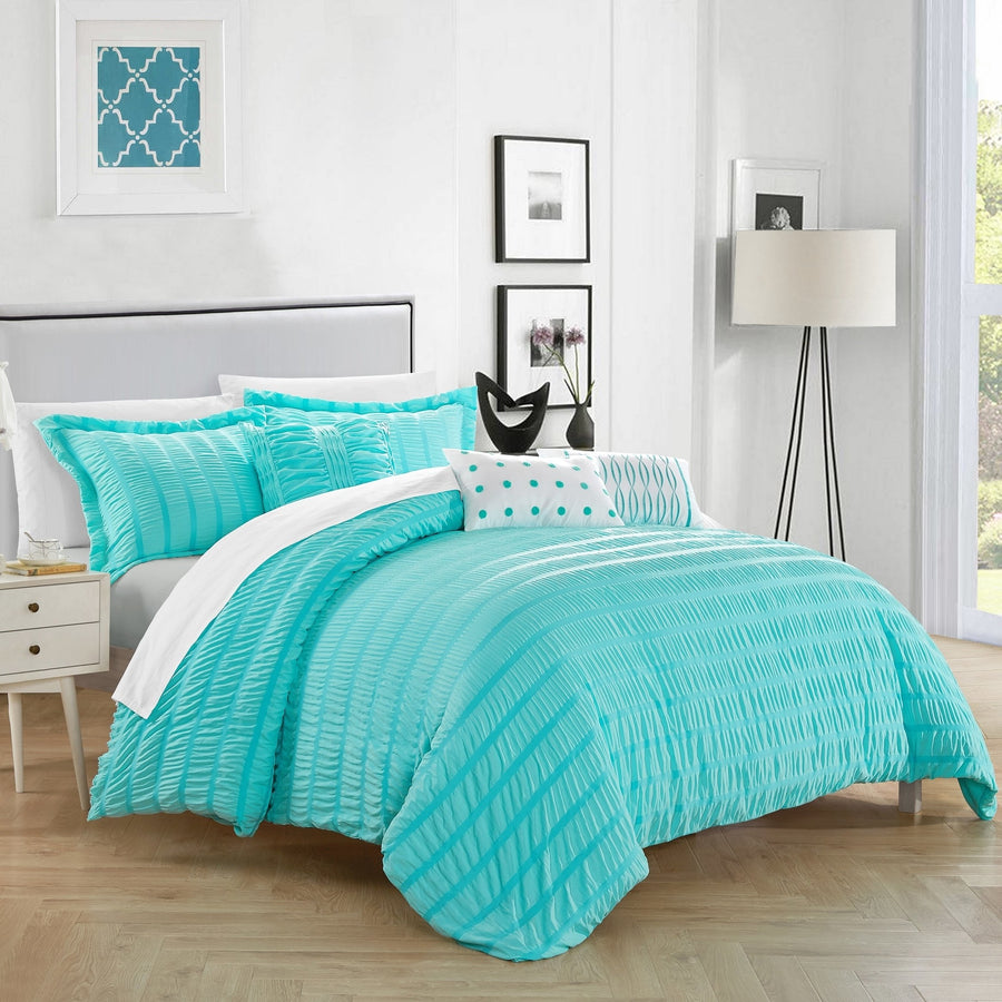 Daza 6 or 5 Piece Comforter Set Striped Ruched Ruffled Bedding Image 1