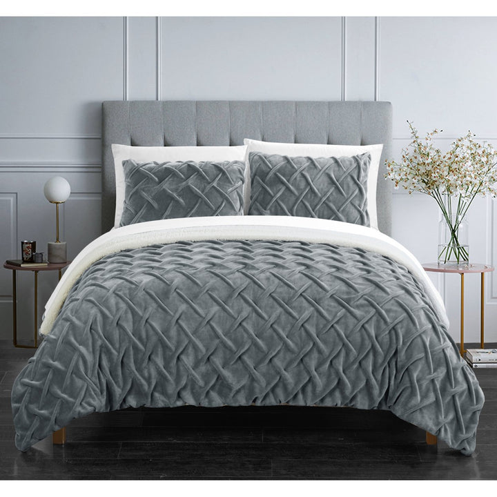 Thirsa 3 or 2 Piece Comforter Set Ultra Plush Micro Mink Criss Cross Pinch Pleat Sherpa Lined Bedding Image 2