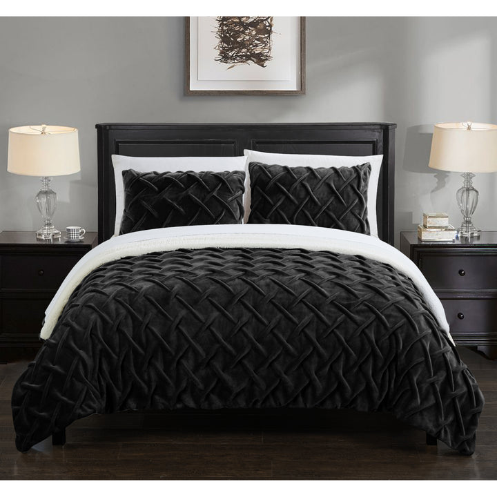 Thirsa 3 or 2 Piece Comforter Set Ultra Plush Micro Mink Criss Cross Pinch Pleat Sherpa Lined Bedding Image 5