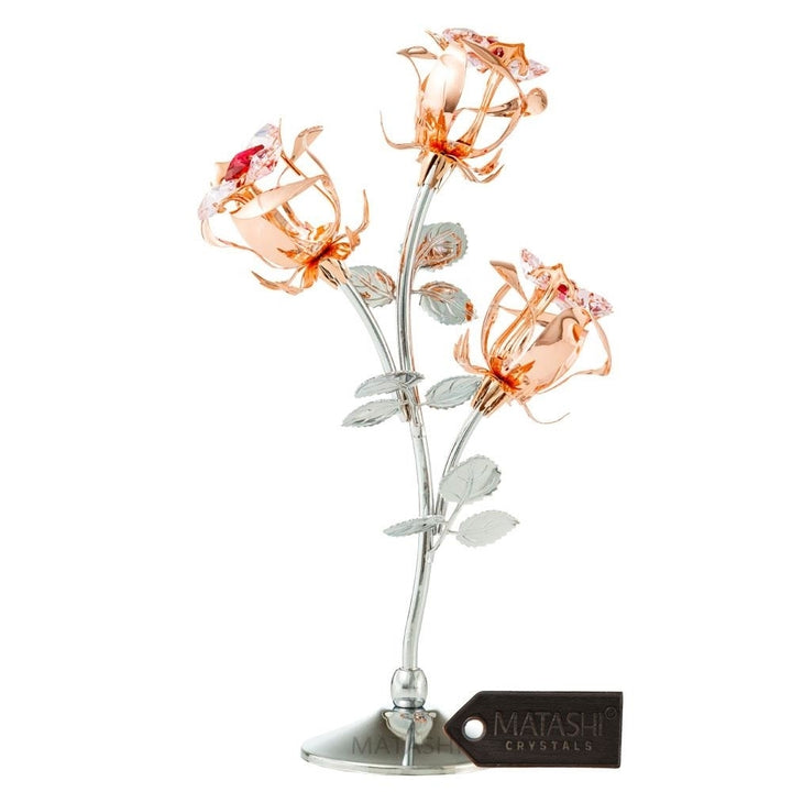 Rose Gold and Chrome Plated Rose Flower Tabletop Ornament w/ Red and Pink Matashi Crystals Metal Floral Arrangement Image 1