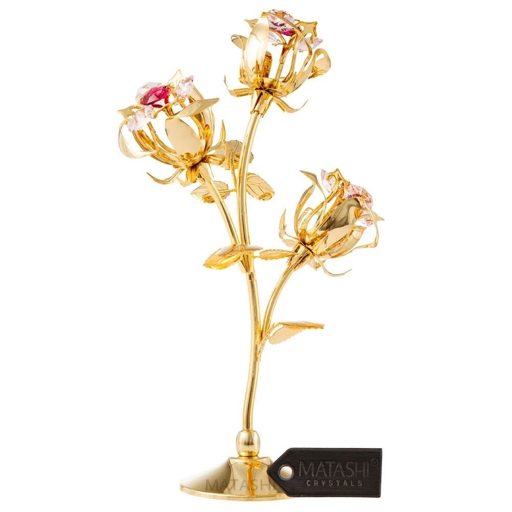 Matashi 24k Gold Plated Rose Flower Tabletop Ornament w/ Red and Pink Matashi Crystals Decorative Office or Image 1