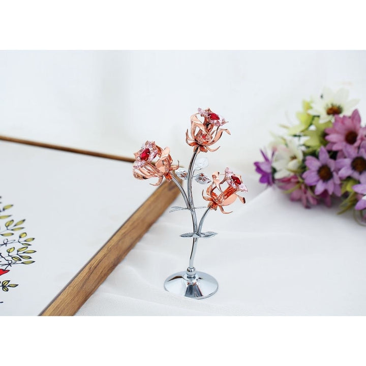 Rose Gold and Chrome Plated Rose Flower Tabletop Ornament w/ Red and Pink Matashi Crystals Metal Floral Arrangement Image 3