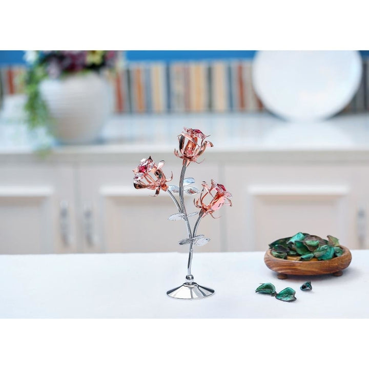 Rose Gold and Chrome Plated Rose Flower Tabletop Ornament w/ Red and Pink Matashi Crystals Metal Floral Arrangement Image 4