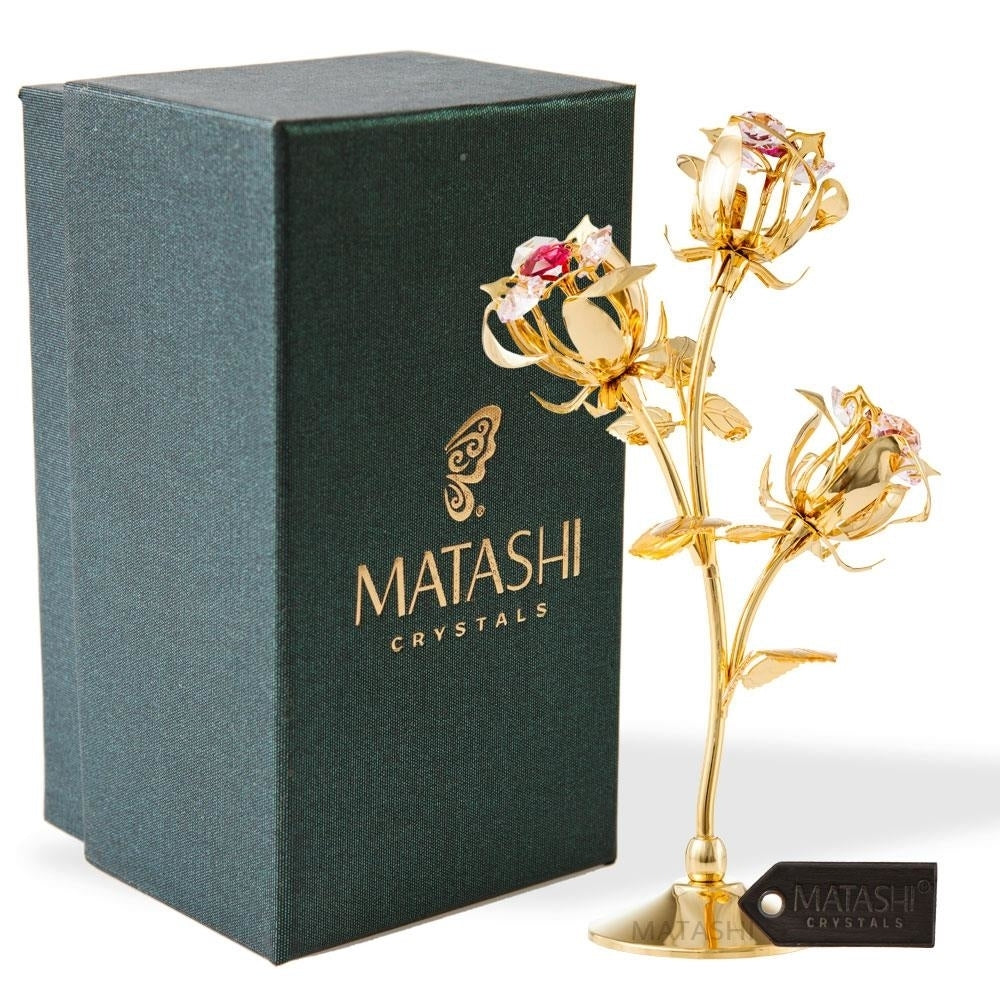 Matashi 24k Gold Plated Rose Flower Tabletop Ornament w/ Red and Pink Matashi Crystals Decorative Office or Image 2