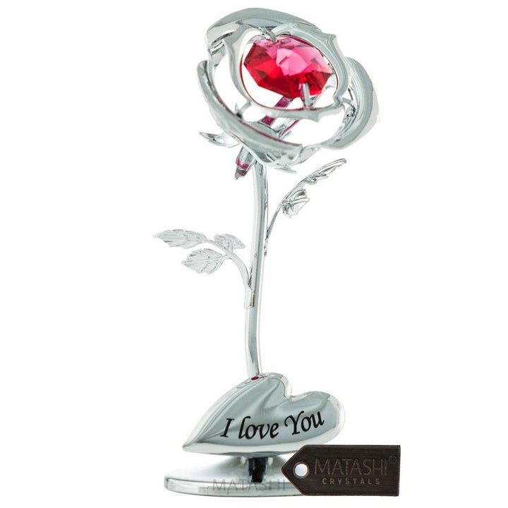 Single Chrome Plated Silver Rose Flower Tabletop Ornament w/ Red Matashi Crystals Metal I Love YouFloral Arrangement Image 1