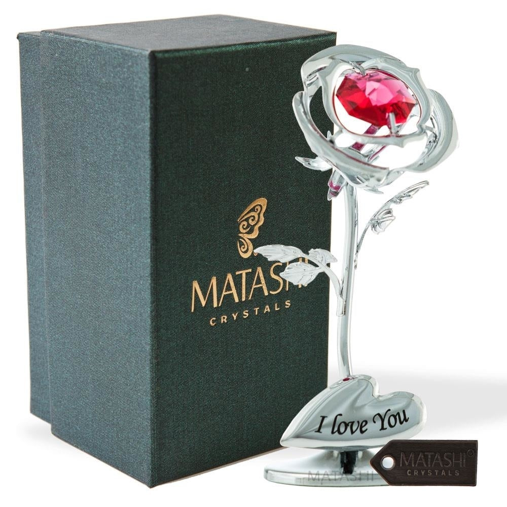 Single Chrome Plated Silver Rose Flower Tabletop Ornament w/ Red Matashi Crystals Metal I Love YouFloral Arrangement Image 2