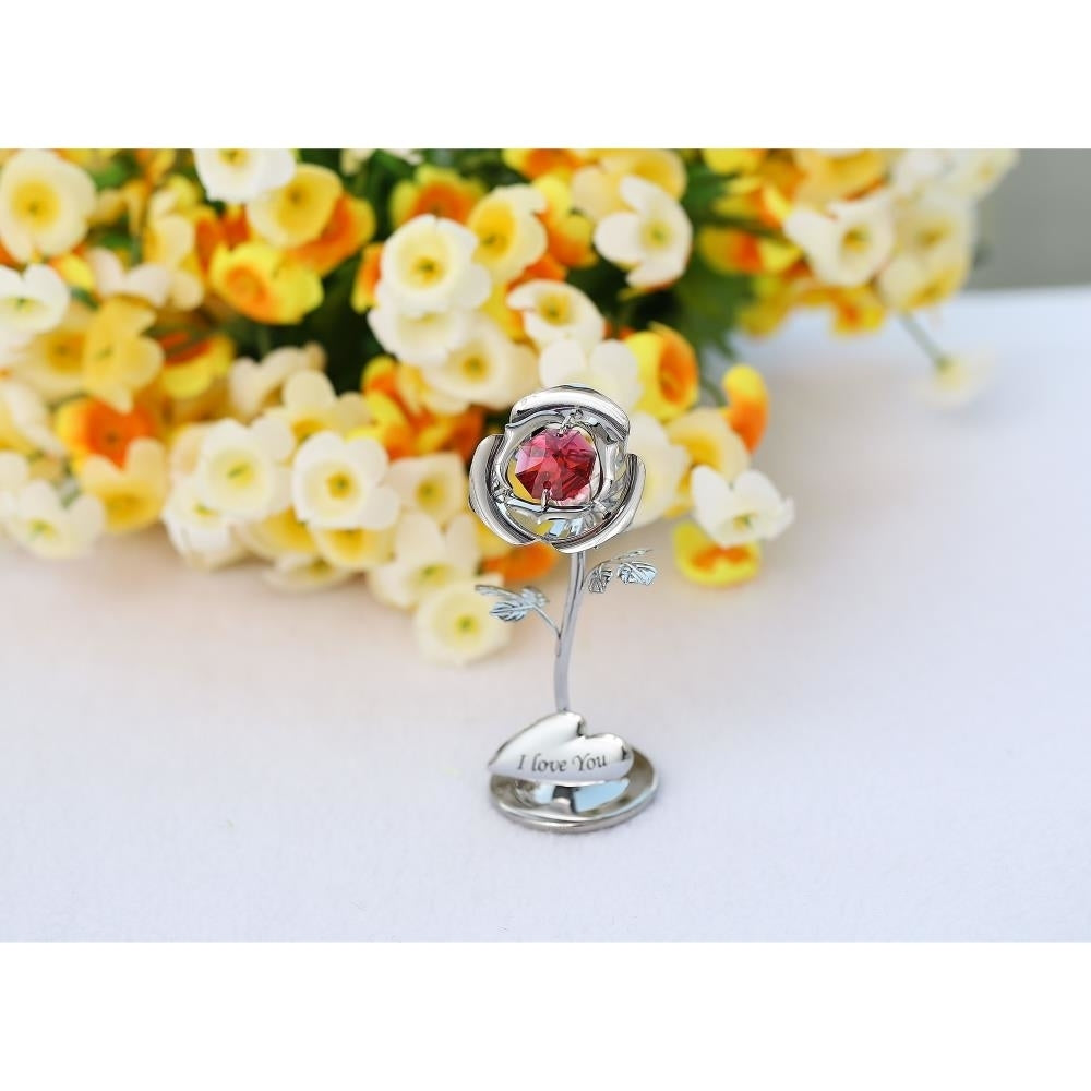 Single Chrome Plated Silver Rose Flower Tabletop Ornament w/ Red Matashi Crystals Metal I Love YouFloral Arrangement Image 3