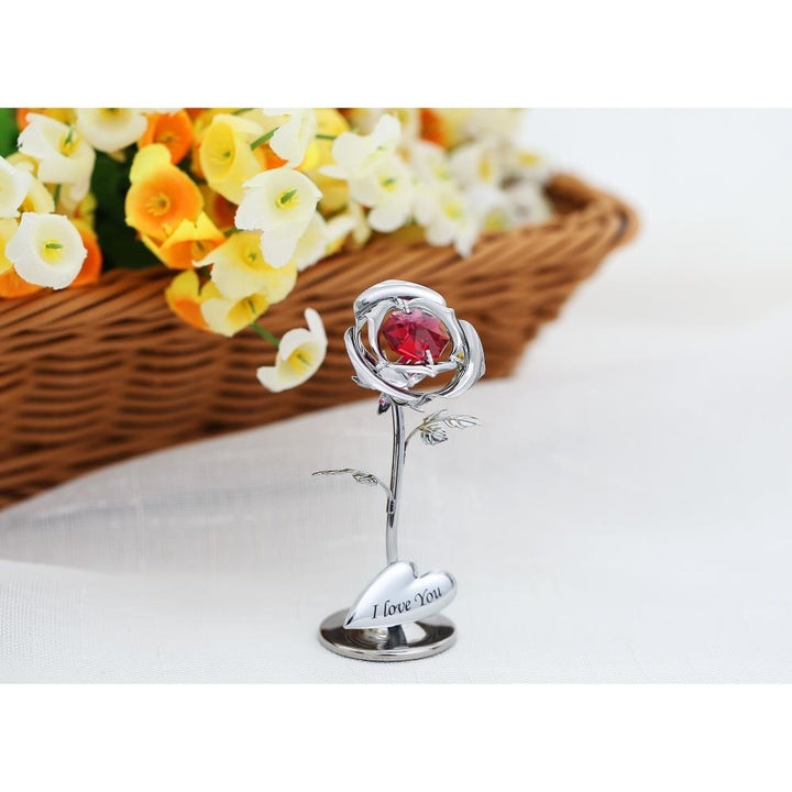 Single Chrome Plated Silver Rose Flower Tabletop Ornament w/ Red Matashi Crystals Metal I Love YouFloral Arrangement Image 4