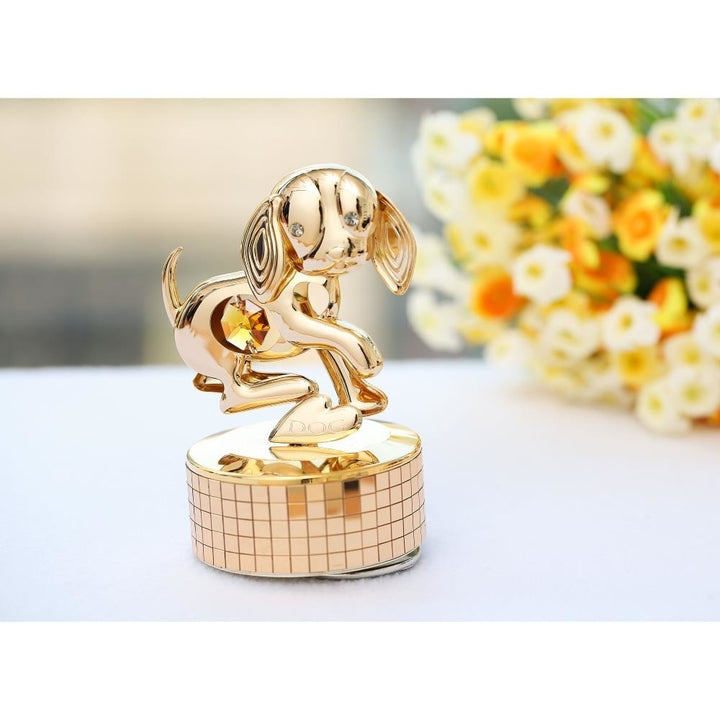 2018 Year of the Dog 24k Gold Plated Dog Music Box plays Love Story Gold Table Top Ornament w/ Gold Crystal Image 4