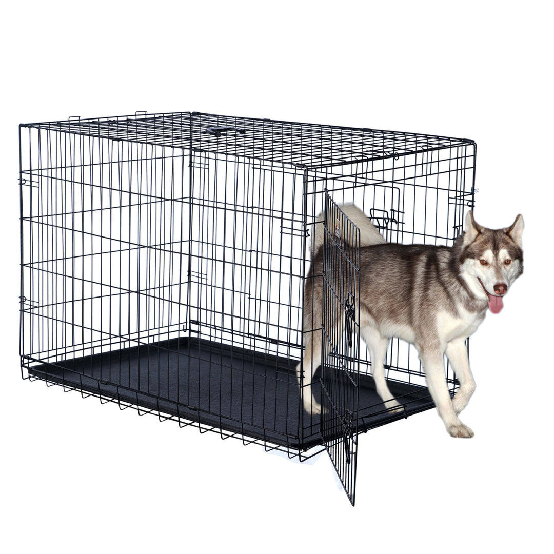 Pet Trex 42" Folding Double Door Pet Crate Heavy Gauge Wire Black Kennel Cage Image 5