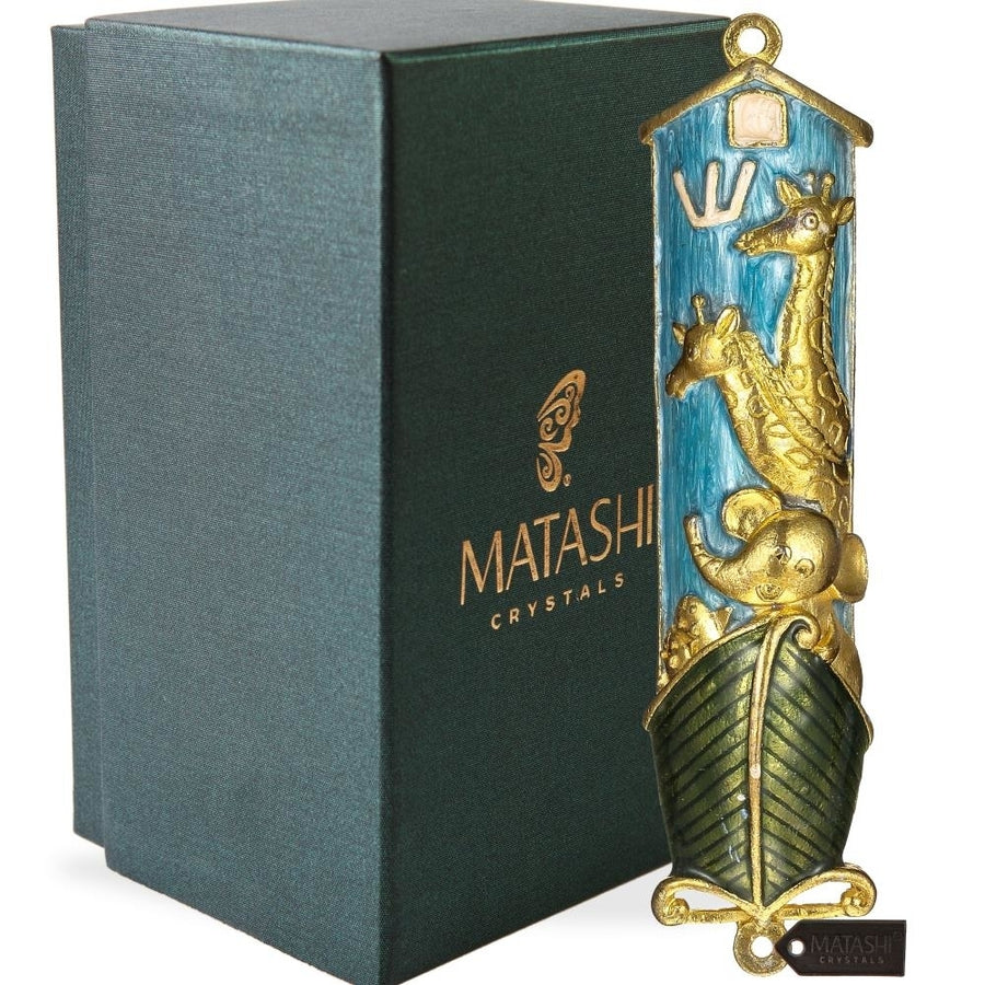 Hand Painted Blue Enamel Noahs Ark Mezuzah with Gold Accents and fine Crystals by Matashi Image 1