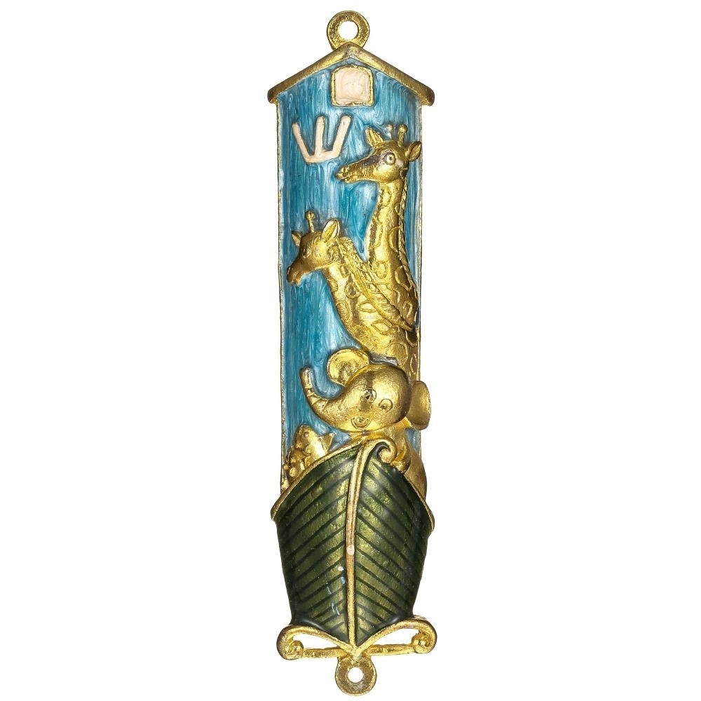 Hand Painted Blue Enamel Noahs Ark Mezuzah with Gold Accents and fine Crystals by Matashi Image 2