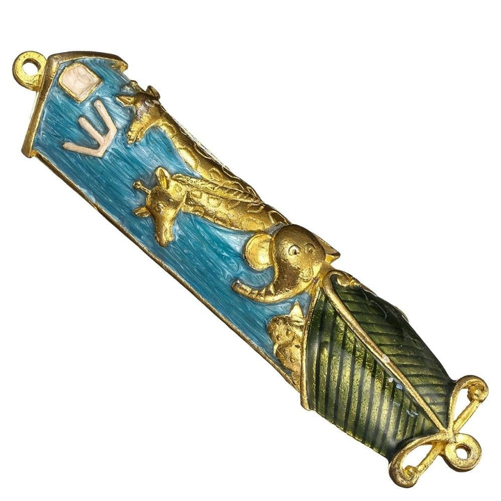 Hand Painted Blue Enamel Noahs Ark Mezuzah with Gold Accents and fine Crystals by Matashi Image 3